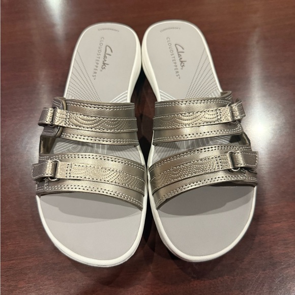 Clarks Silver Slide Sandals with Double Strap - Picture 2 of 4